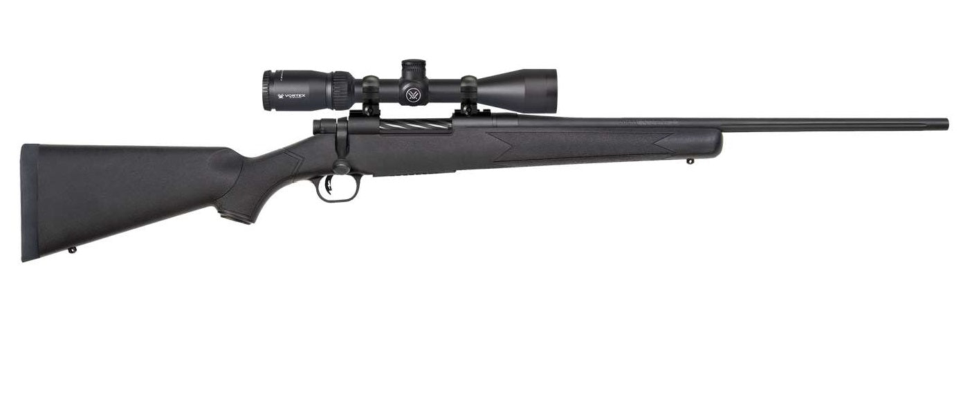 Mossberg 28052 Patriot 22-250 Rem Rifle - 22" Fluted Barrel, Matte Blued Finish, Black Synthetic Stock, Right Hand, Includes Vortex Crossfire II 3-9x40mm Scope