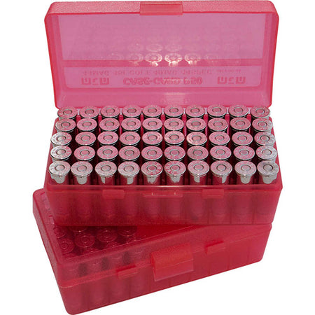 MTM Flip Top Ammo Box .380 ACP 50 Round Capacity Clear Red