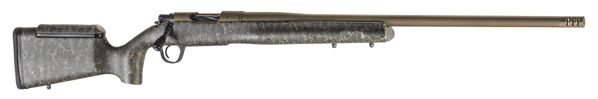 Christensen Arms Mesa Long Range 28 Nosler Rifle, 26" Threaded Barrel, Burnt Bronze Cerakote, Green/Black-Tan Webbing Stock