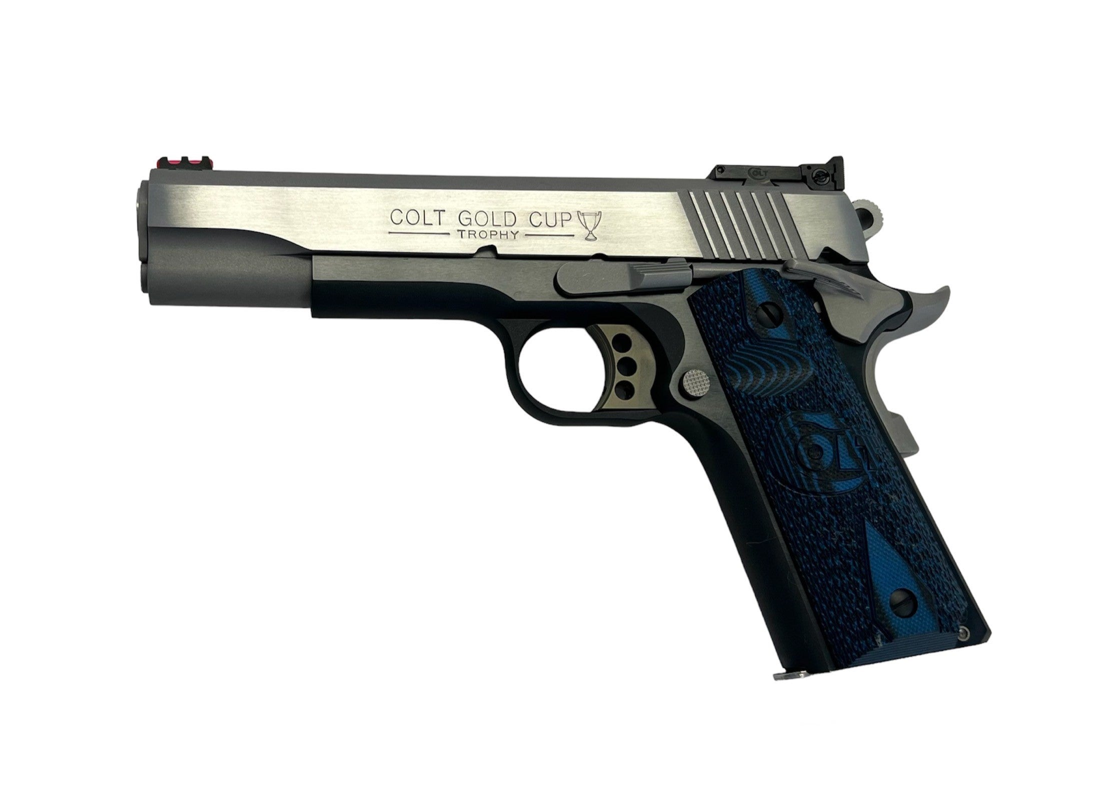 Colt Mfg O5973GCL-TT Gold Cup 38 Super 9+1 5" Stainless National Match Barrel, Brushed Stainless Steel Serrated Slide, Black/Stainless Steel Frame w/Beavertail, Blue Scalloped G10 Grip, Ambidextrous