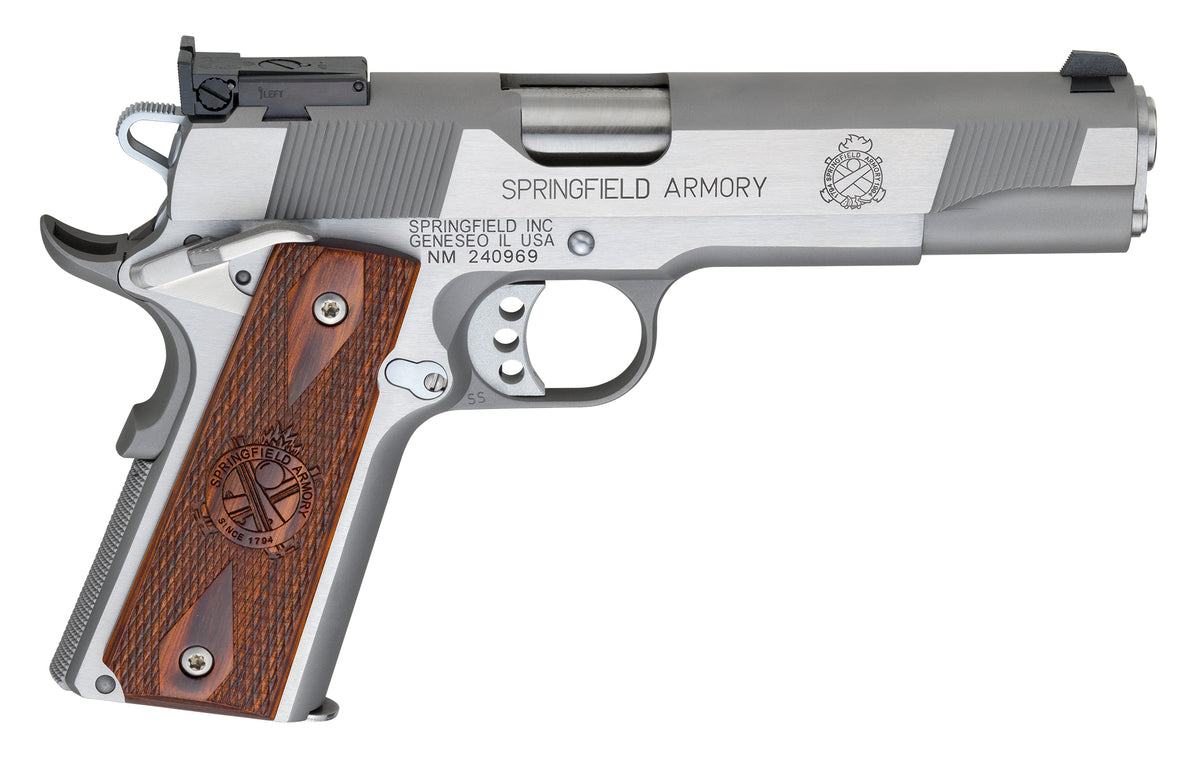Springfield Armory PI9132LCA 1911 Loaded Target *CA Complaint 45 ACP 7+1, 5" Stainless Match Grade Stainless Barrel, Serrated Slide & Steel Frame w/Beavertail, Crossed Cannon Cocobolo Grip