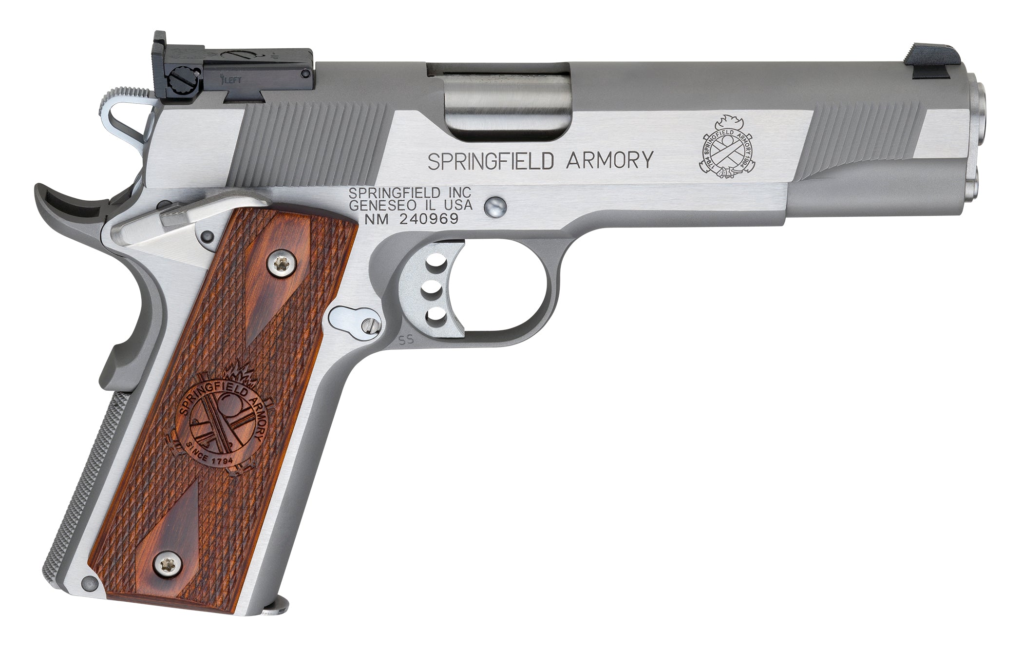 Springfield Armory PI9132LCA 1911 Loaded Target *CA Complaint 45 ACP 7+1, 5" Stainless Match Grade Stainless Barrel, Serrated Slide & Steel Frame w/Beavertail, Crossed Cannon Cocobolo Grip