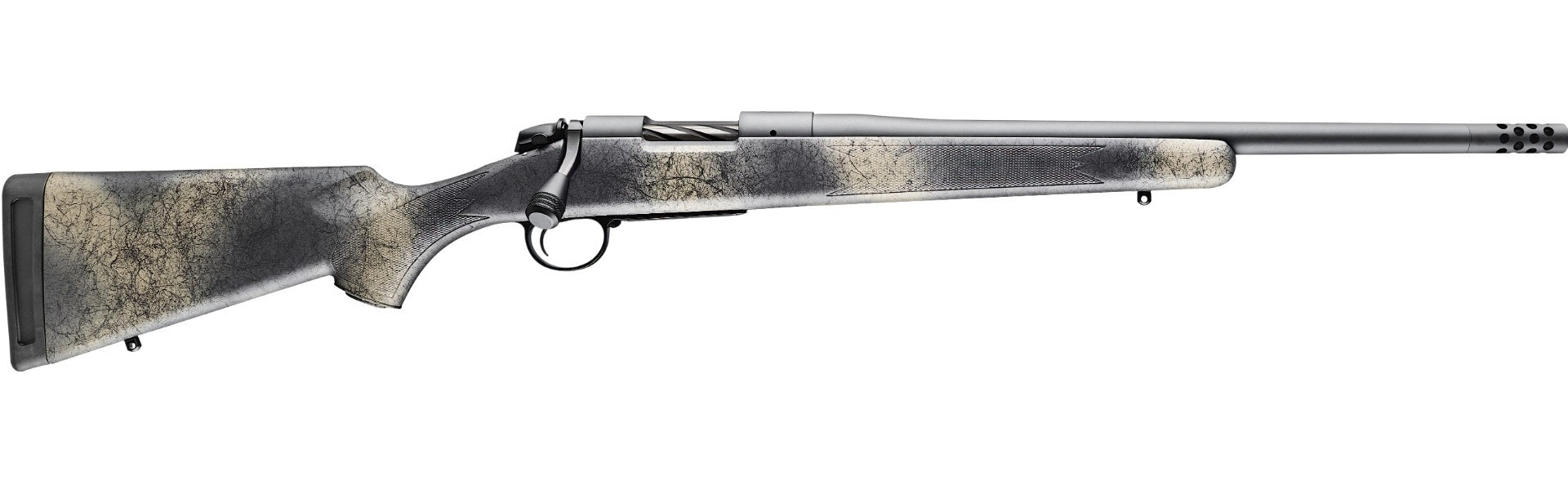 Bergara B-14 Wilderness Ridge SP Rifle, 6.5 Creedmoor, 18" Threaded Barrel, Sniper Gray Cerakote, SoftTouch Woodland Camo Synthetic Stock, Omni Muzzle Brake