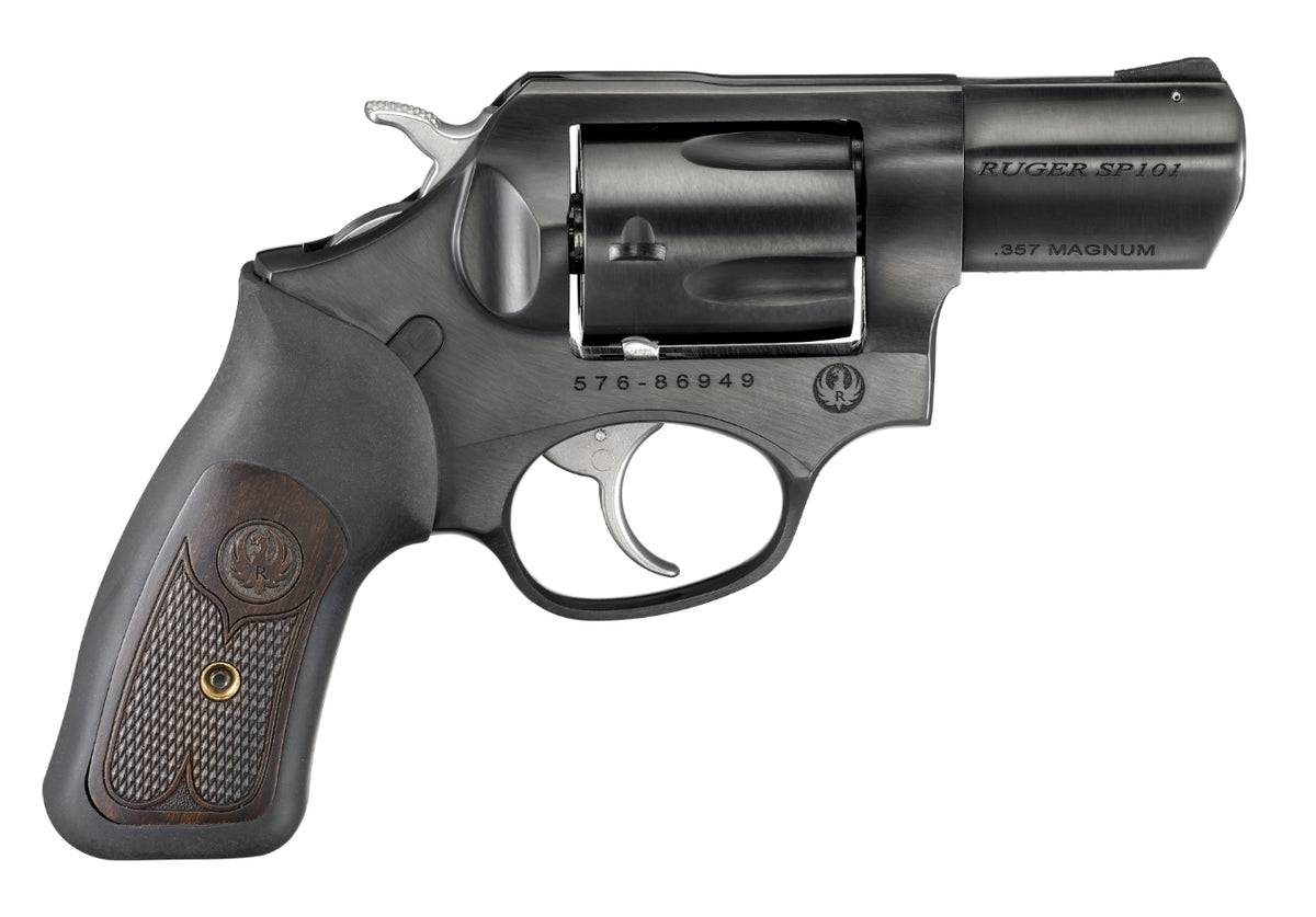 Ruger 15702 SP101 357 Mag 5rd 2.25" Blued Steel Barrel, Cylinder & Frame, Black Rubber w/Wood Insert Grip, Transfer Bar Safety, Exposed Hammer