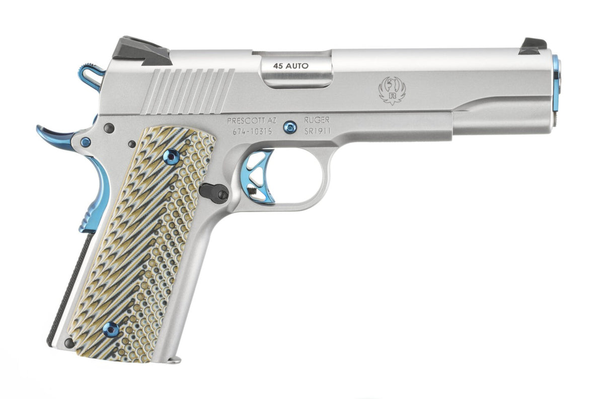 Ruger SR1911 .45 ACP Pistol, Stainless/Wood, 5" Barrel, Fixed Novak 2-Dot Sights (Model 6799)