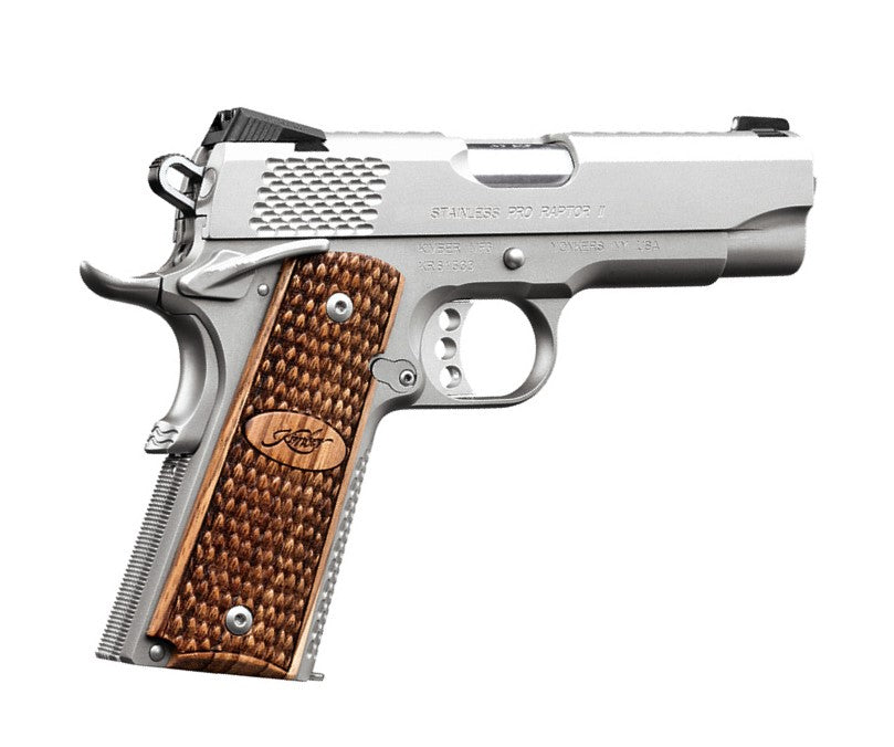Kimber 3200365 Stainless Pro Raptor II 9mm 4" Pistol - Satin Silver Zebrawood Grip w/ Kimber Logo