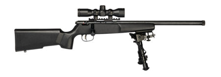 Savage Arms 13824 Rascal Target XP Youth 22 LR 1rd 16.13" Black Satin Heavy Threaded Barrel, Satin Black Drilled & Tapped Carbon Steel Receiver, Matte Black Fixed Wood Stock, 4x32mm Scope & Bipod, Rig