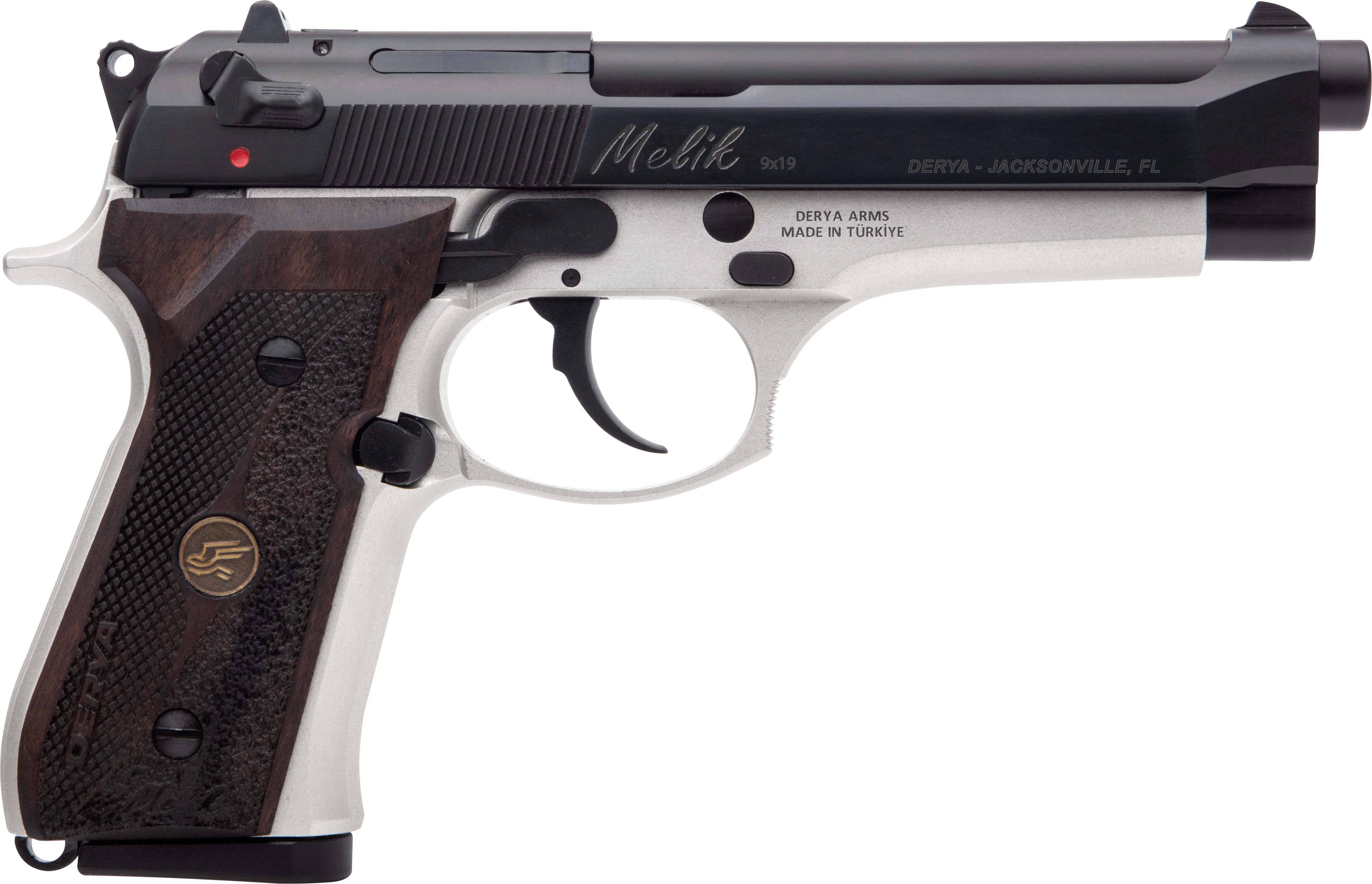 Derya Melik TT 9mm Luger Pistol, 17+1 Capacity, Silver Aluminum Frame, Walnut Grip