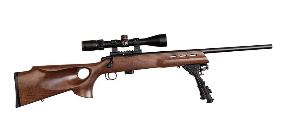 Crickett KSA20030 Model 722 Varmint Youth Package, 22 LR 7+1, Bull Barrel, Thumbhole Walnut Stock, Simmons 3-9x40 Scope & Bipod