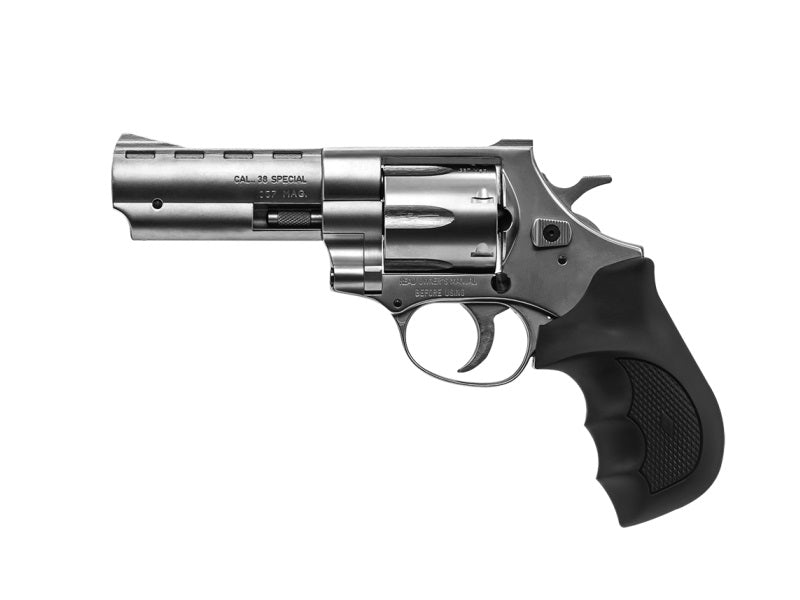 Weihrauch Guns 770128 Windicator Medium Frame 357 Mag 6 Shot, 4" Nickel Steel Barrel, Nickel Cylinder, Nickel Steel Frame, Black Finger Grooved Rubber Grip, Spurred Hammer